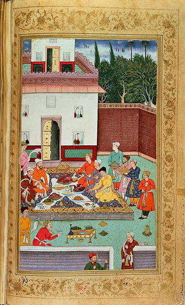 OR 3714 f.260v Mughal Emperor Feasting in a Courtyard, from the Baburnama of Dhanraj, c.1591 (gouache on paper) by Indian School - print