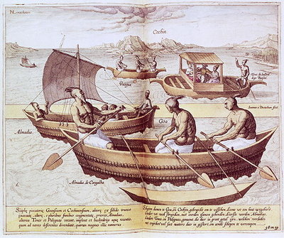Boats in Goa, illustration from 'Jan Hughen van Linschoten, His Discourse of Voyages into the East and West Indies', 1579-92 (engraving) by Johannes Baptista van, the Younger Doetechum - print
