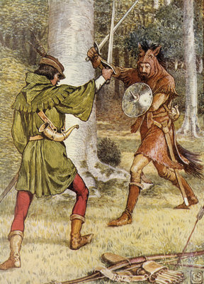 Robin Hood and Guy of Gisborne fighting by Walter Crane - print