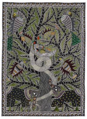 Fine Art Print of Snake, Elephant, Peacock and Tree by Anil