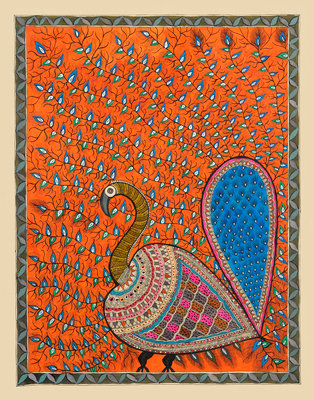 Fine Art Print of Peacock in Orange background by Maneesh