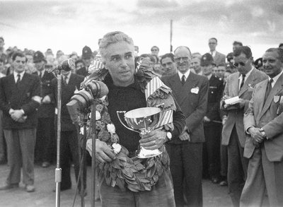Fine Art Print of 1952 British Grand Prix. Piero Taruffi says a few words after the race. by Anonymous