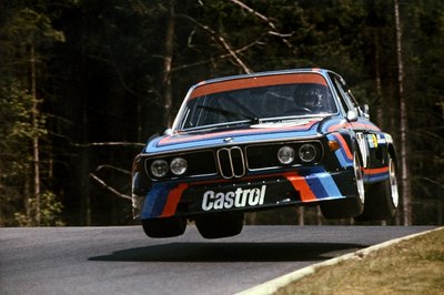 Fine Art Print of 1974 Nurburgring, Germany. 14th July 1974 Hans Joachim Stuck takes off in the BMW 3.5 CSL he shared with Ronnie Peterson by Anonymous