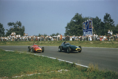 1957 Italian GP, Monza, Tony Brooks, Vanwall leads Juan Manuel Fangio, Maserati 250F by Anonymous - print