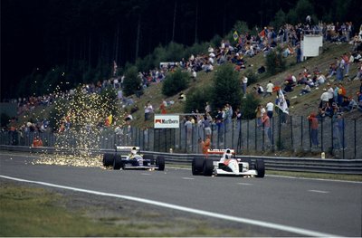 1992 Belgian Grand Prix, Spa-Francorchamps. Nigel Mansell prepares to overtake Gerhard Berger by Anonymous - print