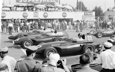1957 Italian GP, Monza, Stuart Lewis-Evans, Stirling Moss, Tony Brooks and Juan Manuel Fangio on the front row by Anonymous - print
