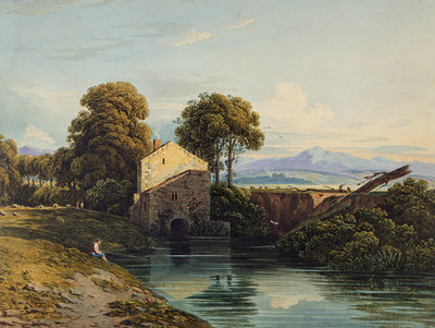 Watermill with Distant Castle and Hills, 1822 by John Varley - print