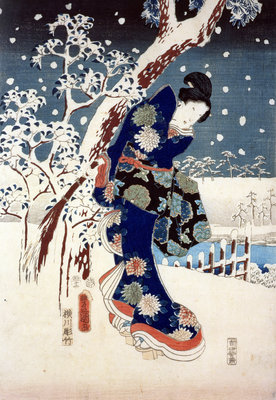Snow Scene in the Garden of a Daimyo, part of Triptych by Ando or Utagawa Hiroshige - print