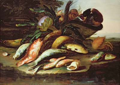 Still Life with Dead Fish and Game by Giuseppe Recco - print