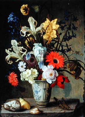 Floral Study with beaker, grasshopper and seashells by Balthasar van der Ast - print