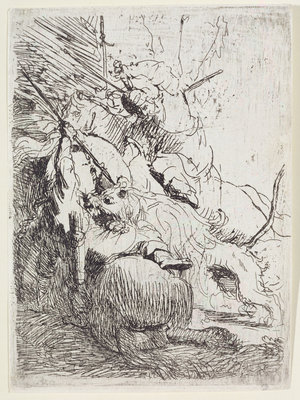 The Lion Hunt with One Lion by Rembrandt Harmensz. van Rijn - print