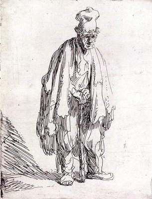 Beggar in a High Cap Standing by Rembrandt Harmensz. van Rijn - print