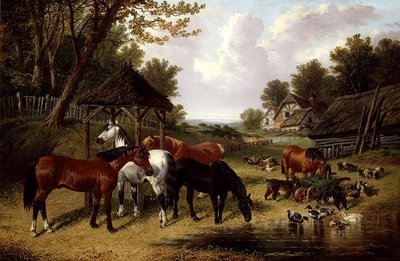 Horses by a Farmyard pond by John Frederick Herring Snr - print