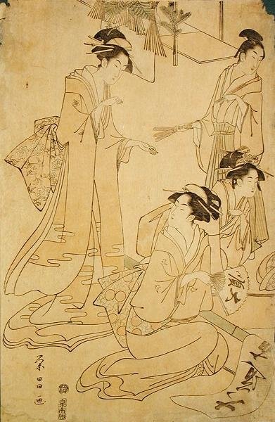 Three Ladies and a Young Man Receiving New Year Visitors by Yeisho - print