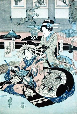Two Seated Ladies, One Playing the Samisen by Keisai Yeisen - print