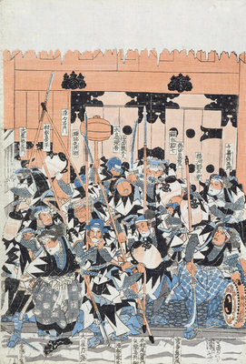 Ronin Attacking the Kiras Gate, scene from Act XI of 'Chiushingura or. The Loyal League: A Japanese Romance', by Monzayemon Chikamatsu by Utagawa Kuniyoshi - print