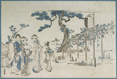 Ladies Visiting the Wisteria Gardens at Kameido by Katsushika Hokusai - print
