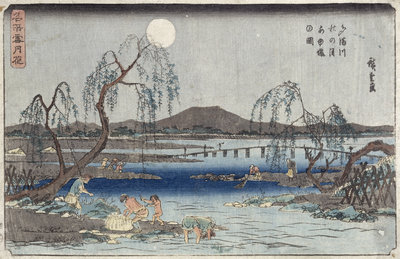 Catching Fish by Moonlight on the Tama River, from a series 'Snow, Moon and Flowers' by Ando or Utagawa Hiroshige - print