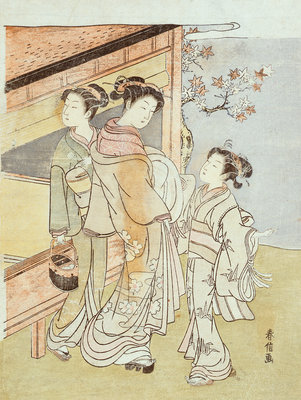 A Lady and Her Attendant Meet a Messenger by Suzuki Harunobu - print