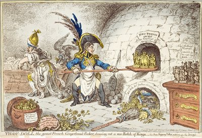'Tiddy-Doll, the Great French Gingerbread Maker, Drawing Out a New Batch of Kings. His Man, Hopping Talley, Mixing Up the Dough', pub. by Hannah Humphrey, 23rd January 1806 by James Gillray - print