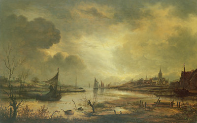 Dutch Town on a River by Moonlight by Aert van der Neer - print