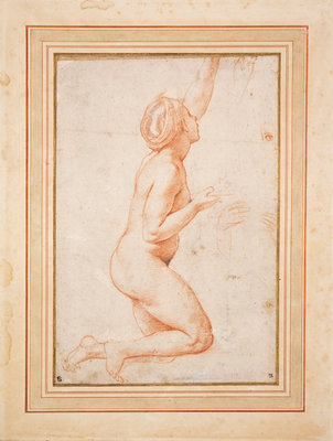 Fine Art Print of A Kneeling Nude Woman with her Left Arm Raised by Raphael (Raffaello Santi)