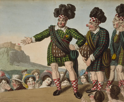 Fine Art Print of George IV, 1762 - 1830. Reigned as Regent 1811 - 1820, as King 1820 - 1830. (Satirical print entitled: "The First Laird in Aw Scotia", etc) - [GROUP] by Unknown