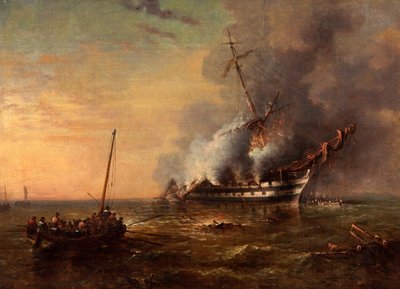 Fine Art Print of HMS 'Bombay' on Fire at Montevideo, 22 December 1828 by George Kerr