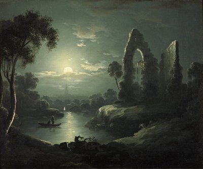 Moonlit River Landscape by British School - print