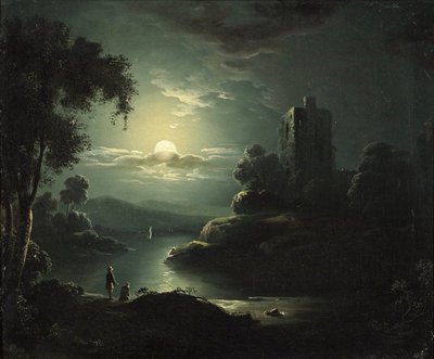 Moonlit River Landscape by British School - print