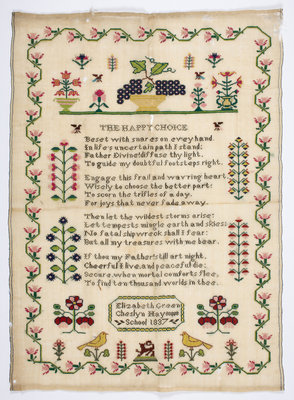 Sampler stitched with a poem, "The Happy Choice", "Elizabeth Green, Cheslyn Hay School, 1837" by Unknown - print