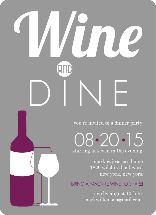 Wine Party Invitations Modern Gray and Purple Wine & Dine Wine Party
