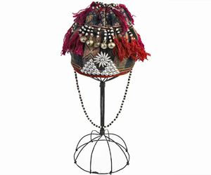 Antique-hmong-tribe-beaded-hemp-baby-girls-hat-on-stand-m