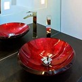 Bathroom-powder-room-with-red-glass-sink-s
