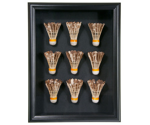 Framed-set-of-nine-vintage-leather-and-feather-shuttlecocks-m