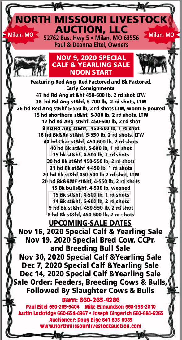 North Missouri Livestock Auction LLC Cattle Early Listings