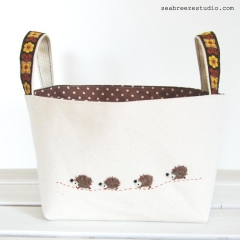 Fabric basket (DVD size) - natural canvas with hedgehog appliqué