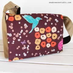 Messenger bag - beige canvas and bird print accent (OOAK)