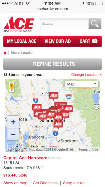 Ace Hardware location map markers overlap