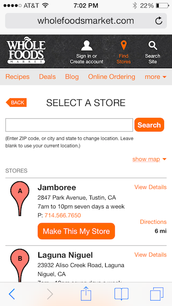 Whole Foods show map text link