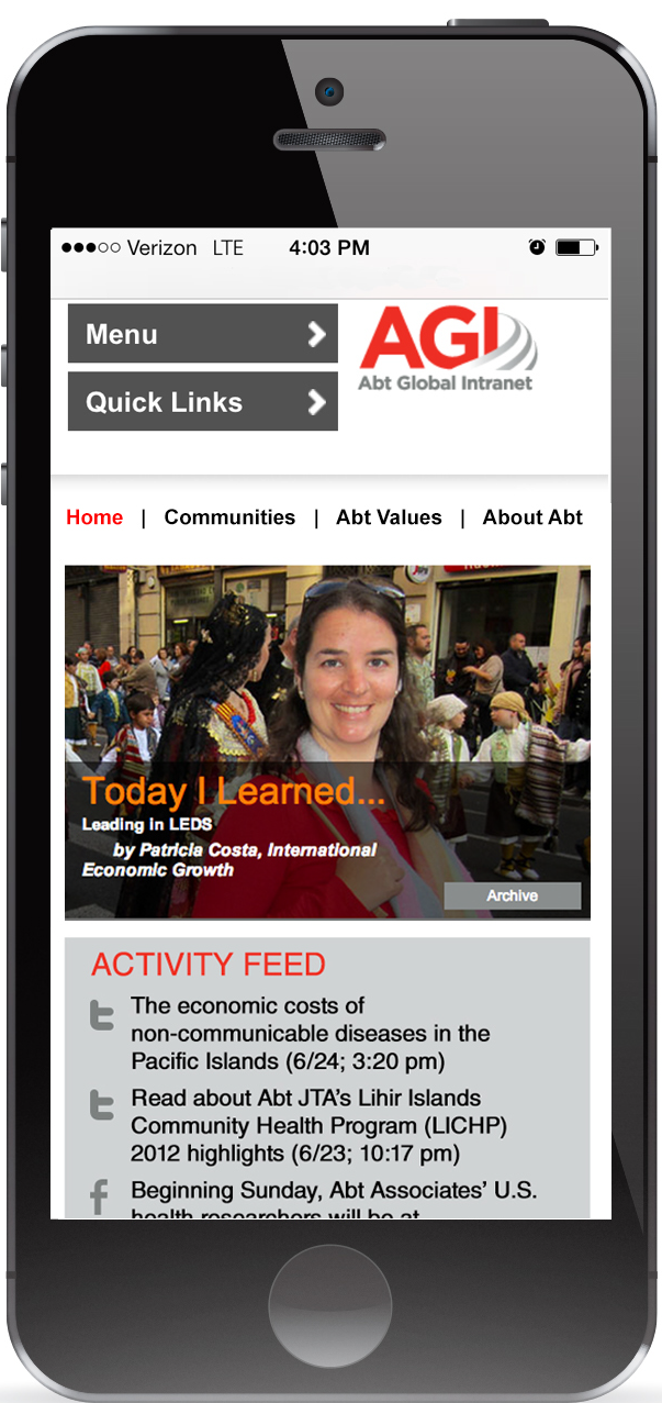 AGI homepage on a smart phone prominently displays "Today I Learned"