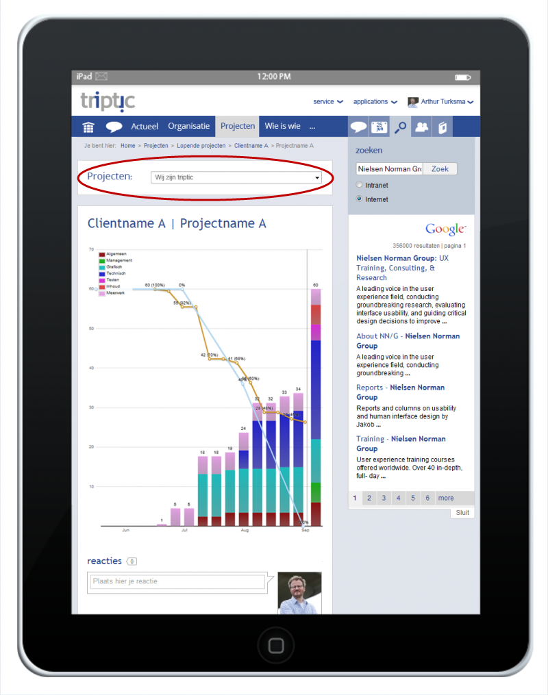 Shows the scum burdndown chart, plus menus on a tablet