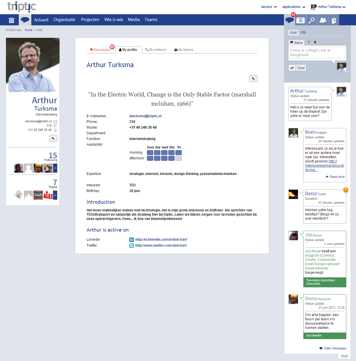 Person profile on desktop displays a picture, contact information, schedule, introduction, social features, and more
