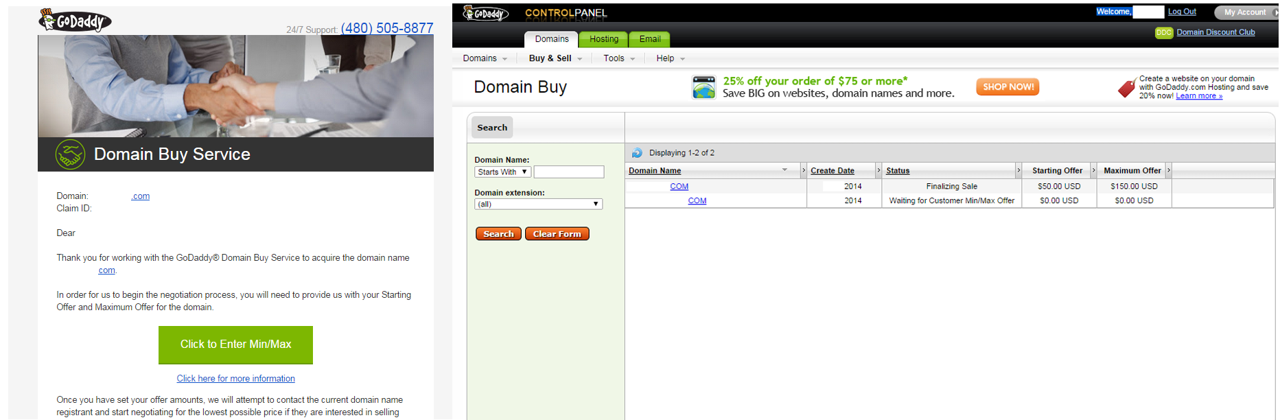 "Click to Enter Min/Max" leads to a login page, then a table