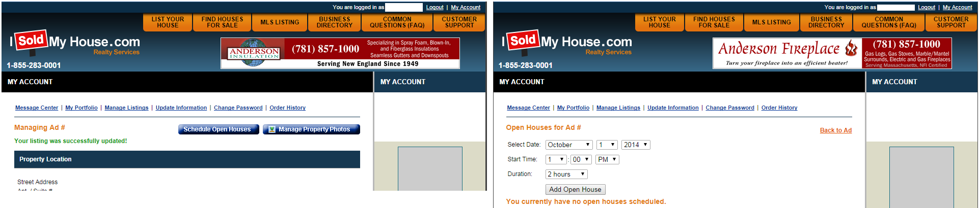 "Schedule Open Houses" button leads to a calendar form