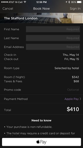 Hotel Tonight screenshot shows a screen-width Apple Pay button in white at the bottom of a dark screen.