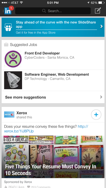 LinkedIn app reuses the same Plus icon throughout the app