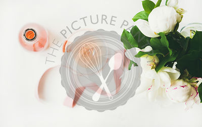 Greeting card concept with rose wine and flowers, horizontal composition
