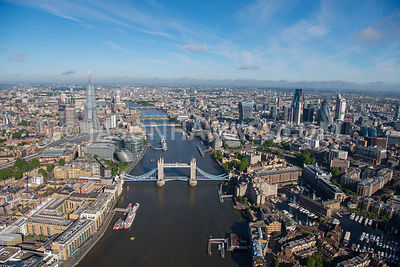 Aerial view of River Thames with Shard and Financial buildings