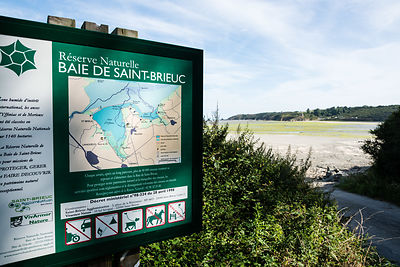Panneaux d'information de la réserve naturelle de la baie de St-Brieuc, marée d'algues vertes plage de St-Maurice et à l'embouchure du Gouessant, anse de Morieux.